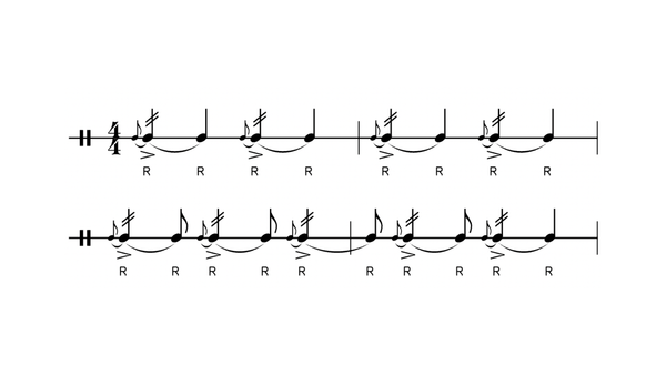 Flam Roll (Five-Stroke) drum rudiment notation